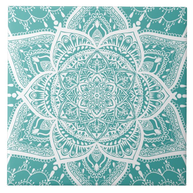 Teal and White Mandala - Loergann in Blue Spruce Ceramic Tile (Front)
