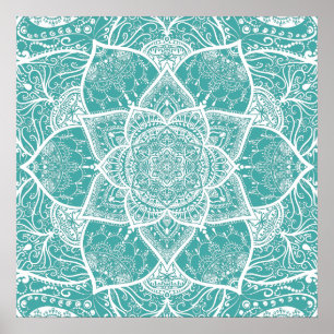 Teal and White Mandala - Loergann in Blue Spruce Poster