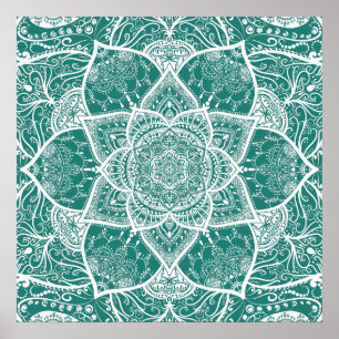 Teal and White Mandala - Loergann in Eucalyptus Poster