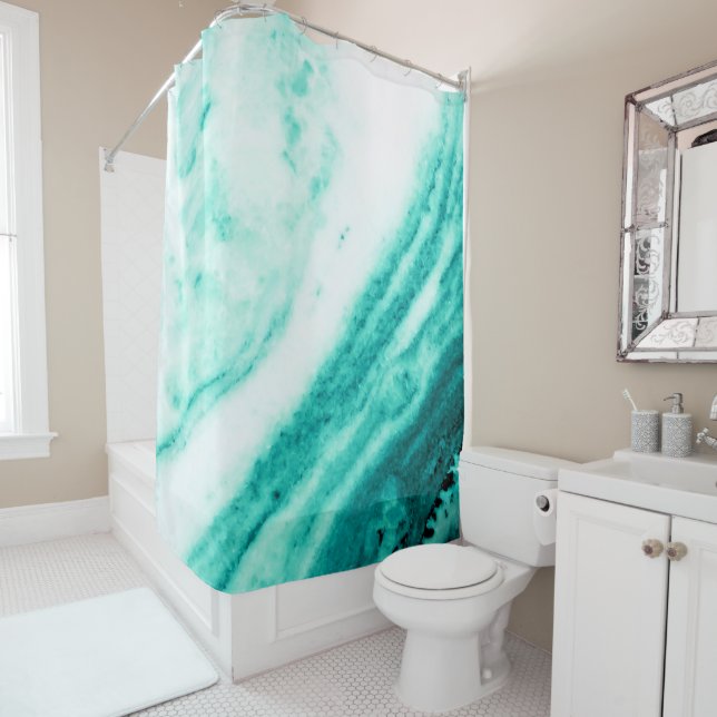 Teal and White Marble  Shower Curtain (In Situ)