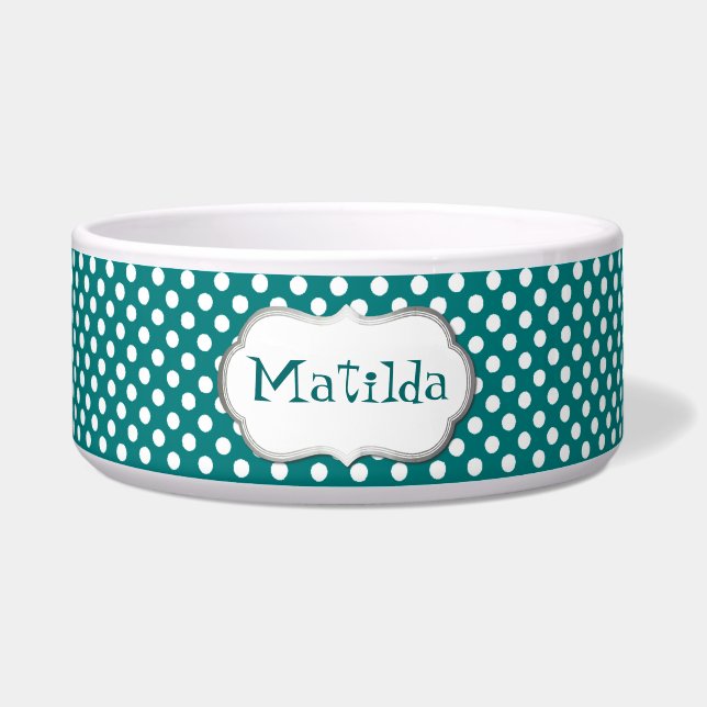 Teal and White Polka Dot Custom Dog Bowl (Front)