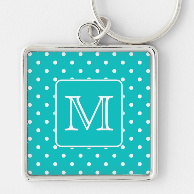 Teal and White Polka Dot Pattern. Custom Monogram. Key Ring (Front)