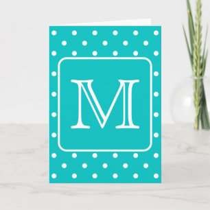 Teal and White Polka Dot Pattern. Custom Monogram. Note Card