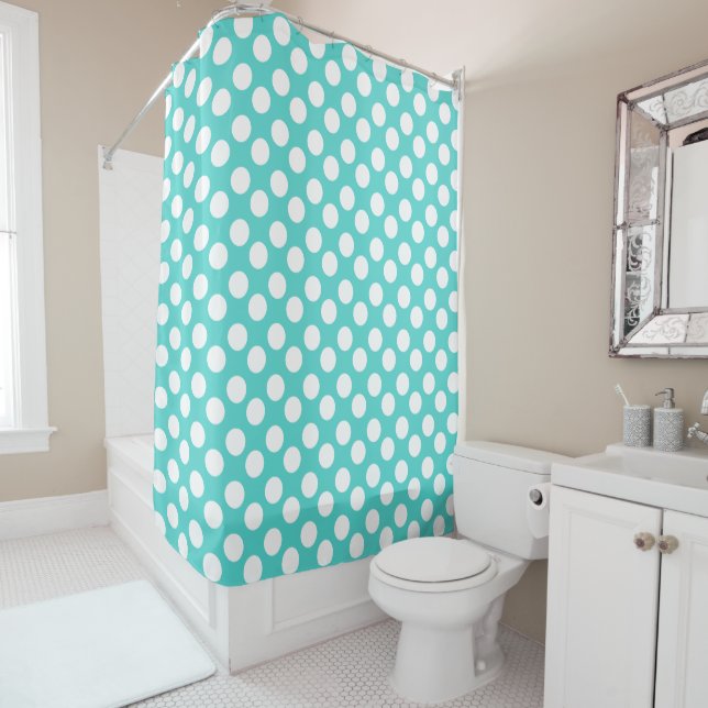 Teal and White Polka Dot Shower Curtain (In Situ)