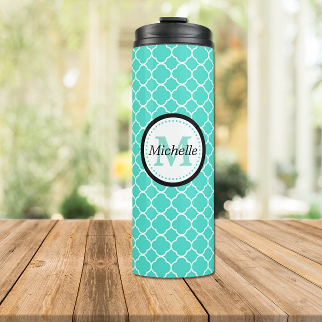 Teal and White Quatrefoil Monogram Thermal Tumbler (Creator Uploaded)