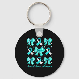 Teal And White Ribbon Coquette Bow Cervical Cancer Key Ring