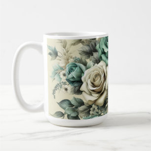 Teal and White Roses Coffee Mug