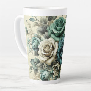 Teal and White Roses Latte Mug