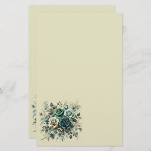 Teal and White Roses Stationery
