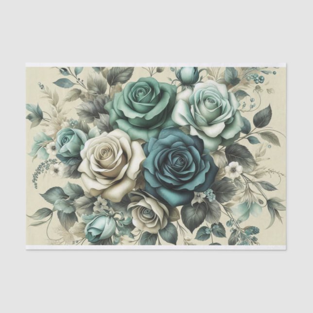 Teal and White Roses Tissue Paper (Front)
