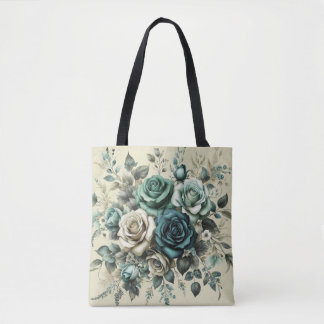 Teal and White Roses Tote Bag