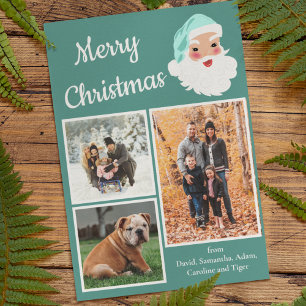 Teal and White Santa Claus Photo Collage Christmas Holiday Card