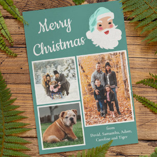 Teal and White Santa Claus Photo Collage Christmas Holiday Card