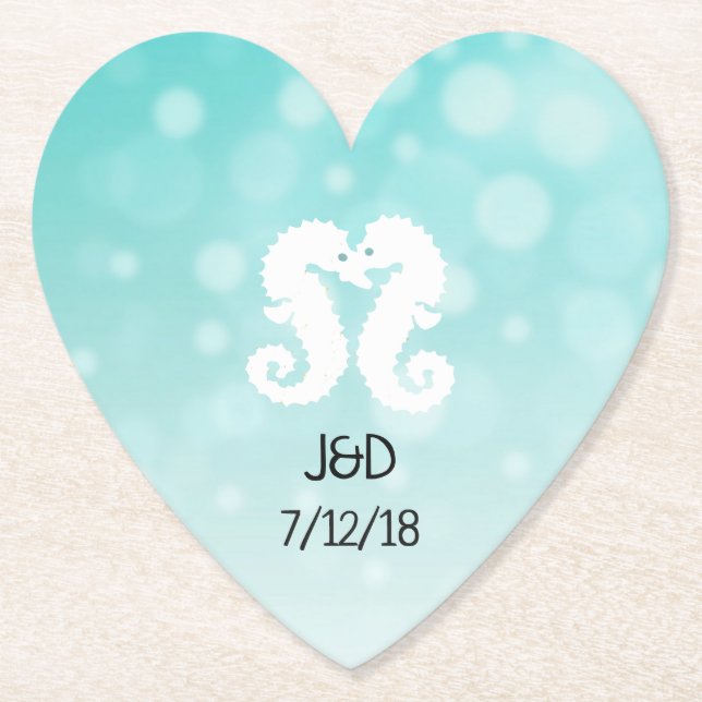 Teal and White Seahorse Wedding Heart Coaster (Front)