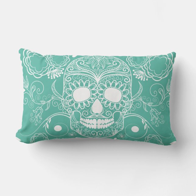 Teal and White Skull Throw Pillow (Front)
