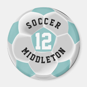 Teal and White Soccer Sport Ball Magnet