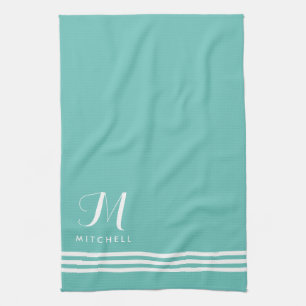 Teal and White Sophisticated Stripes and Monogram Tea Towel