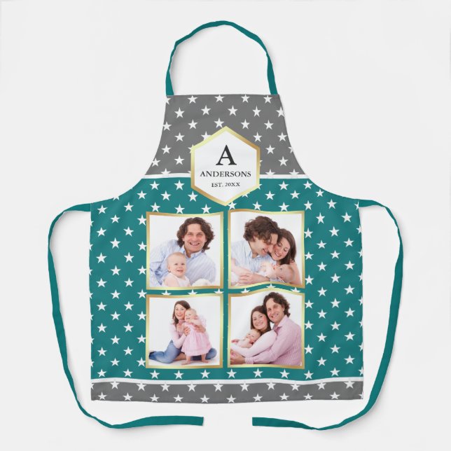 Teal and White Stars Pattern Photo Collage Apron (Front)
