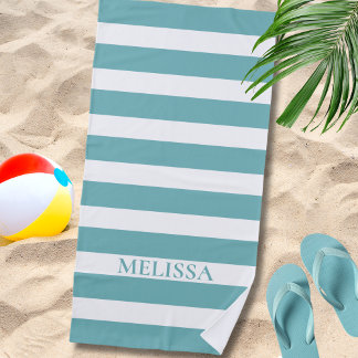 Teal And White Striped Name Cabana Stripe Beach Towel