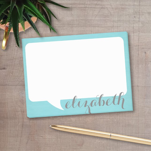 Teal and White Talk Bubble with script Name Post-it Notes (Personalized post-it notes with a monogram and contact information - low quantity available)