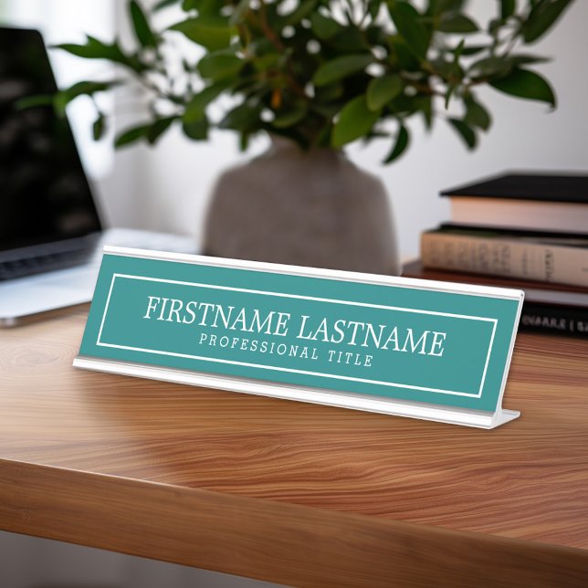 Teal and White Traditional Border Name Title Desk Name Plate (Custom Nameplate - Add Name and Title for Executive Sign or customize in the design area)