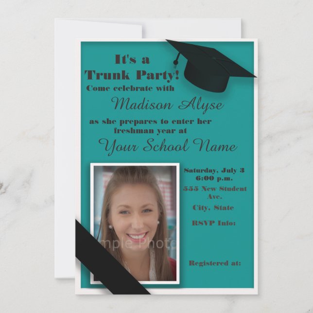 Teal and White Trunk College Party Photo Invitation (Front)