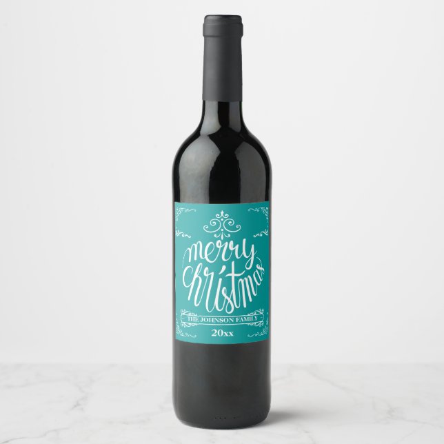 Teal and White Typography Holiday Wine Label (Front)