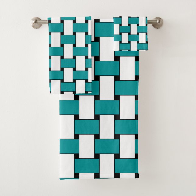 Teal and White Weave Geometric Pattern Bath Towel Set (Insitu)