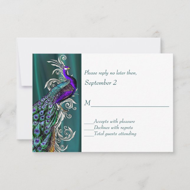 Teal and White With Peacock Wedding RSVP Card (Front)