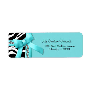 Teal And White Zebra Striped With Silver Pearls Return Address Label