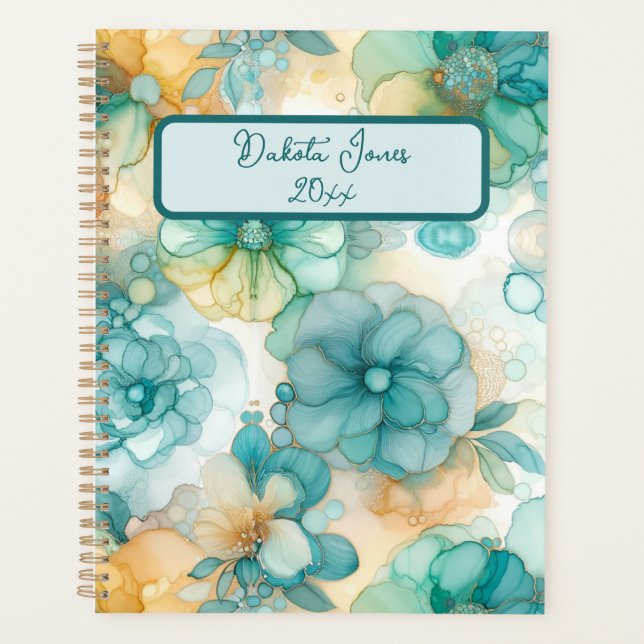 Teal and Yellow Floral Alcohol Ink Illustration  Planner (Front)