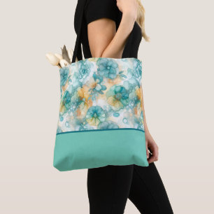 Teal and Yellow Flowers Alcohol Ink Colour Block Tote Bag