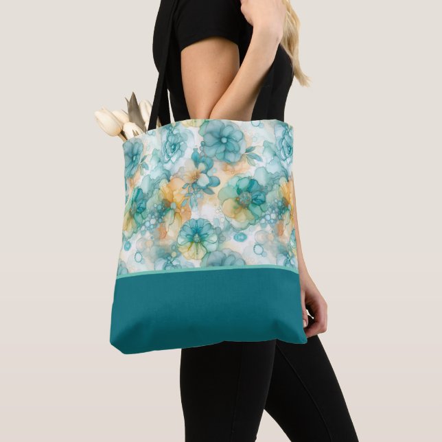 Teal and Yellow Flowers Alcohol Ink Colour Block Tote Bag (Close Up)