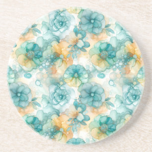 Teal and Yellow Flowers Alcohol Ink Illustration Coaster