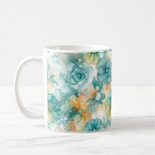 Teal and Yellow Flowers Alcohol Ink Illustration Coffee Mug