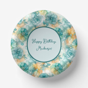 Teal and Yellow Flowers Alcohol Ink Illustration  Paper Plate