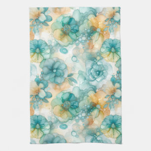 Teal and Yellow Flowers Alcohol Ink Illustration Tea Towel