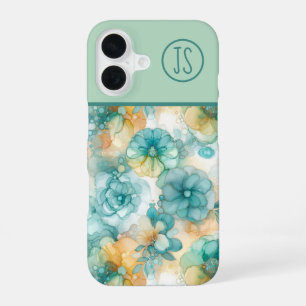 Teal and Yellow Flowers Alcohol Ink Monogrammed iPhone 16 Case