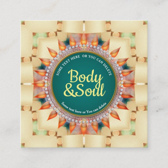 Teal and Yellow Geometric Mandala  Cute Square Square Business Card (Front)