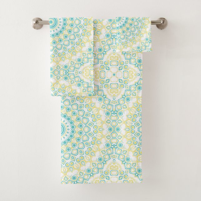 Teal and Yellow Geometric Mandala Pattern Bath Towel Set (Insitu)