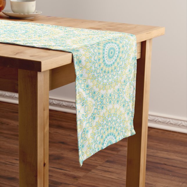 Teal and Yellow Geometric Mandala Pattern Medium Table Runner (In Situ)