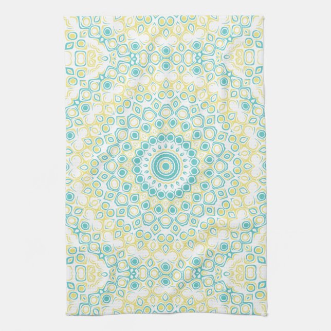 Teal and Yellow Geometric Mandala Pattern Tea Towel (Vertical)