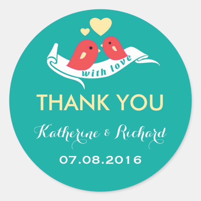 Teal and Yellow Lovebirds Wedding Favour Sticker (Front)