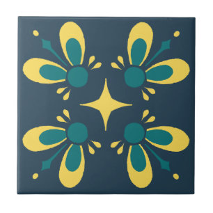 Teal and yellow on Blue Intricate Floral pattern C Ceramic Tile