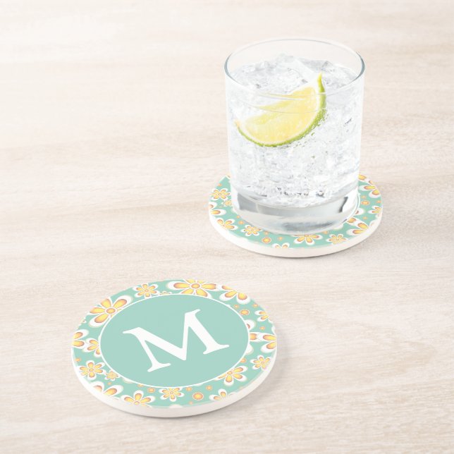Teal and Yellow Spring Flower Pattern Monogram Coaster (Side)
