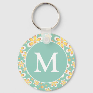 Teal and Yellow Spring Flower Pattern Monogram Key Ring