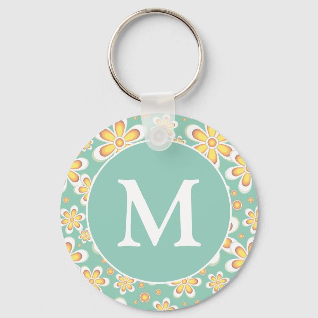 Teal and Yellow Spring Flower Pattern Monogram Key Ring (Front)