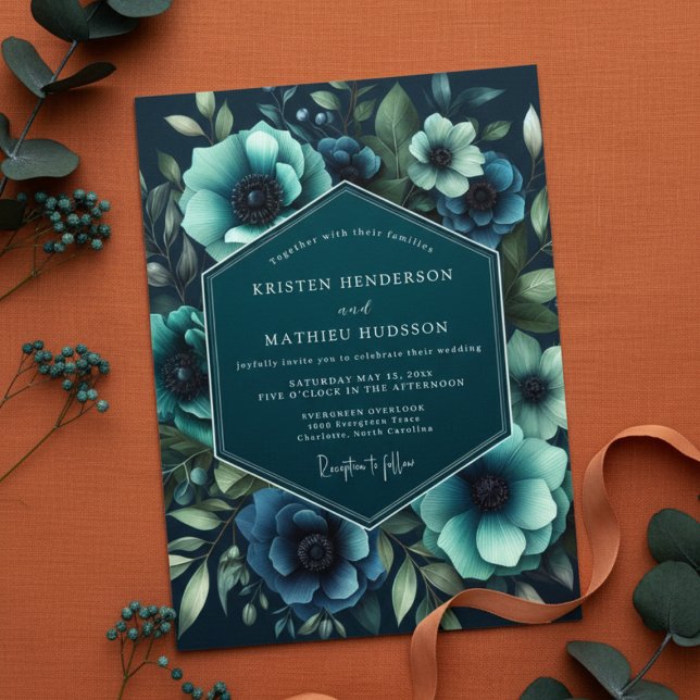 Teal Anemone Moody Romance Wedding Invitation (Creator Uploaded)