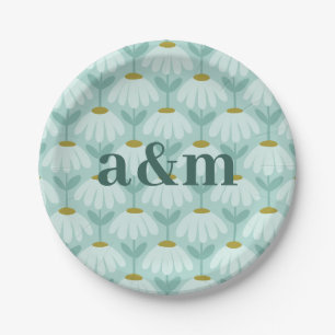 Teal Anniversary Wedding Monogram Daisies Floral Paper Plate