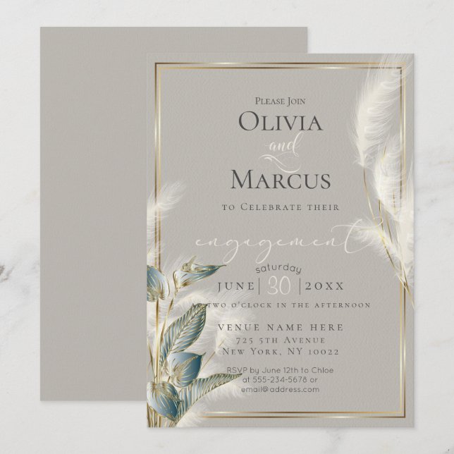 Teal  Anthurium and Feathery Pampas Grass Invitation (Front/Back)
